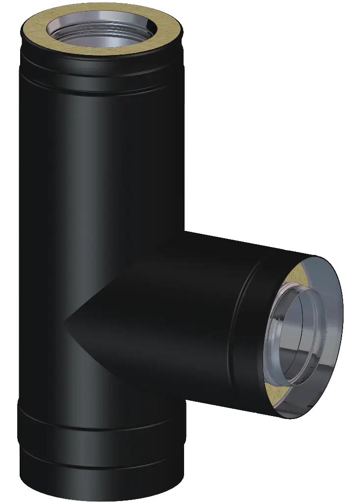 Matt Black Twin Wall 90˚ Tee with Air Intake Branch & Soot Collector with Drain