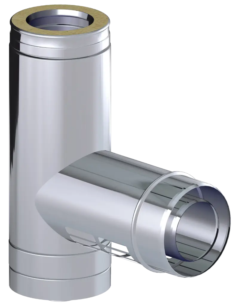 Stainless Steel Twin Wall 90˚ Tee with Air Intake Branch & Soot Collector with Drain